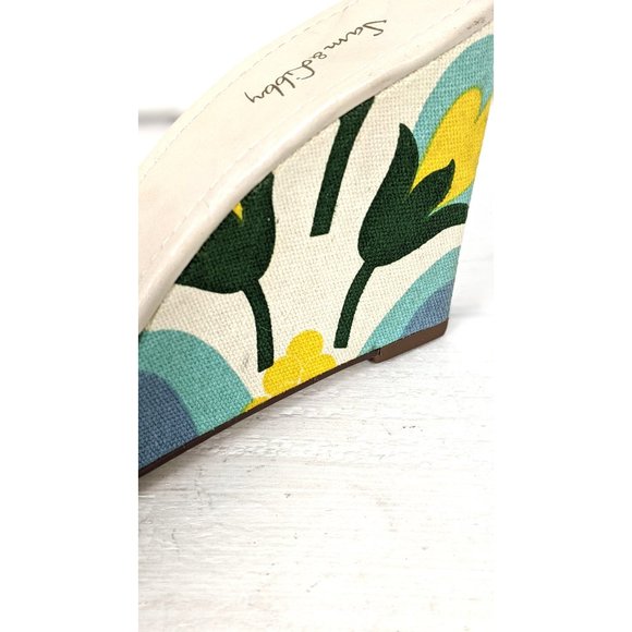 Psychedelic white/blue op art floral canvas and leather open toe platform mules - Picture 7 of 10